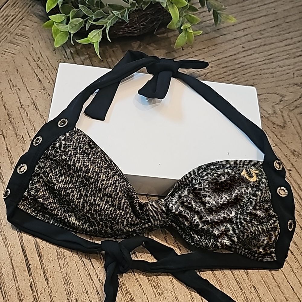 True Religion XS black and gold shimmer bikini top excellent condition